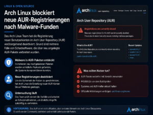Arch Linux blockiert neue AUR-Registrierungen nach Malware-Funden